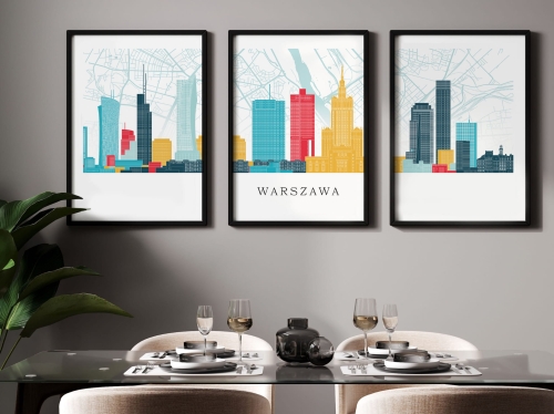 Plakat skylines TRYPTYK Warszawa z mapą