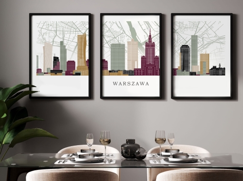 Plakat skylines TRYPTYK Warszawa z mapą