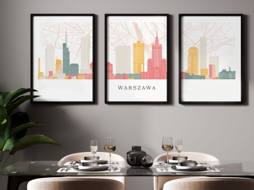 Plakat skylines TRYPTYK Warszawa z mapą