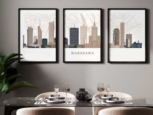 Plakat skylines TRYPTYK Warszawa z mapą