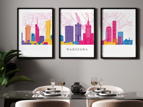 Plakat skylines TRYPTYK Warszawa z mapą