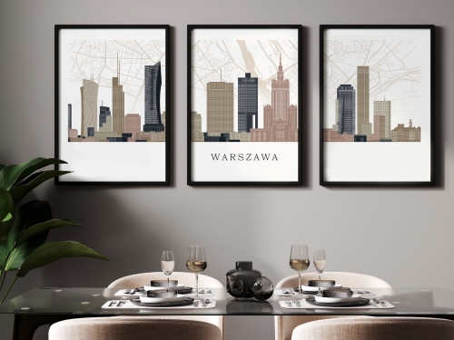 Plakat skylines TRYPTYK Warszawa z mapą