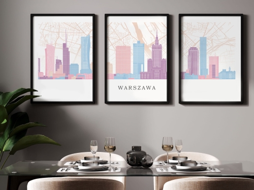 Plakat skylines TRYPTYK Warszawa z mapą