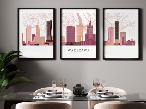 Plakat skylines TRYPTYK Warszawa z mapą