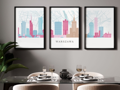 Plakat skylines TRYPTYK Warszawa z mapą