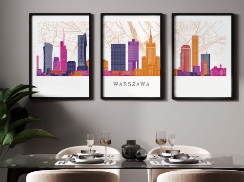 Plakat skylines TRYPTYK Warszawa z mapą