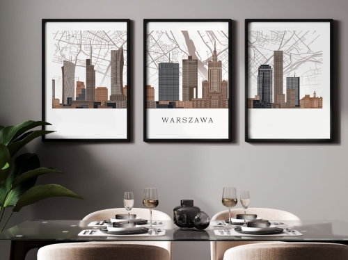 Plakat skylines TRYPTYK Warszawa z mapą