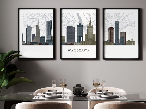 Plakat skylines TRYPTYK Warszawa z mapą