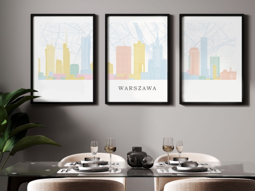 Plakat skylines TRYPTYK Warszawa z mapą