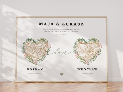 Personalizowany plakat z dwiema mapami z dowolnych miejsc. 