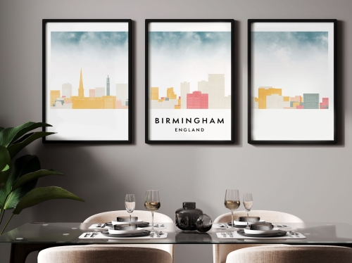 Plakat skylines TRYPTYK Birmingham w stylu Watercolor/ Akwarelowym
