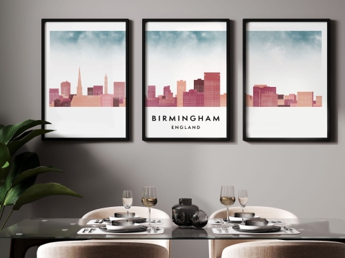 Plakat skylines TRYPTYK Birmingham w stylu Watercolor/ Akwarelowym
