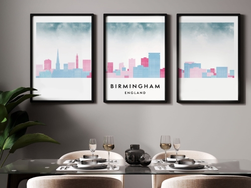 Plakat skylines TRYPTYK Birmingham w stylu Watercolor/ Akwarelowym