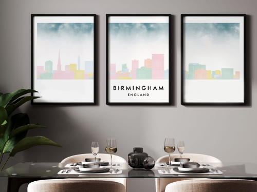 Plakat skylines TRYPTYK Birmingham w stylu Watercolor/ Akwarelowym