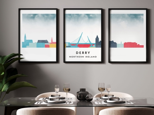 Plakat skylines TRYPTYK Derry w stylu Watercolor/ Akwarelowym