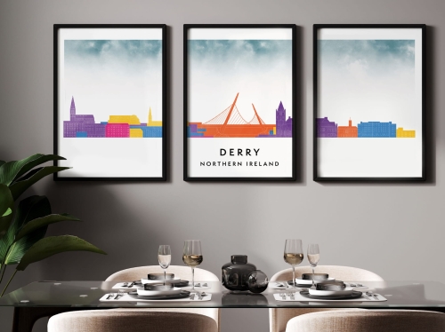 Plakat skylines TRYPTYK Derry w stylu Watercolor/ Akwarelowym
