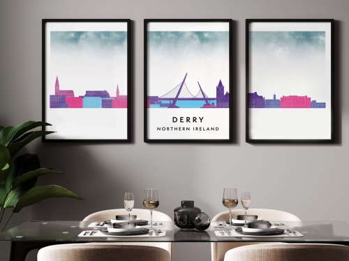 Plakat skylines TRYPTYK Derry w stylu Watercolor/ Akwarelowym