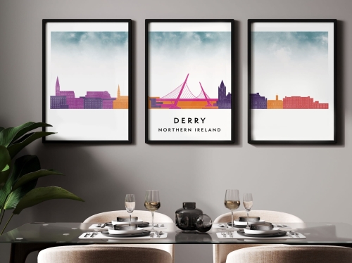 Plakat skylines TRYPTYK Derry w stylu Watercolor/ Akwarelowym