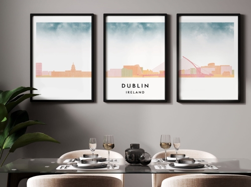 Plakat skylines TRYPTYK Dublin w stylu Watercolor/ Akwarelowym