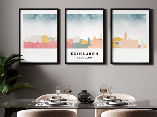 Plakat skylines TRYPTYK Edinburgh Edynburg w stylu Watercolor/ Akwarelowym