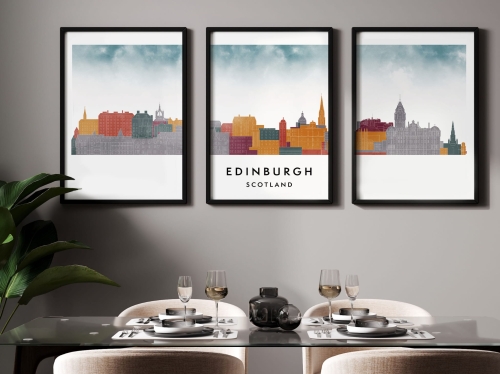 Plakat skylines TRYPTYK Edinburgh Edynburg w stylu Watercolor/ Akwarelowy