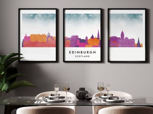 Plakat skylines TRYPTYK Edinburgh Edynburg w stylu Watercolor/ Akwarelowy