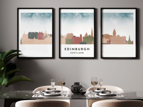 Plakat skylines TRYPTYK Edinburgh Edynburg w stylu Watercolor/ Akwarelowy