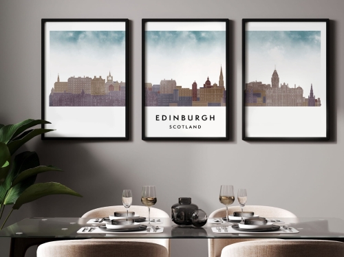 Plakat skylines TRYPTYK Edinburgh Edynburg w stylu Watercolor/ Akwarelowy