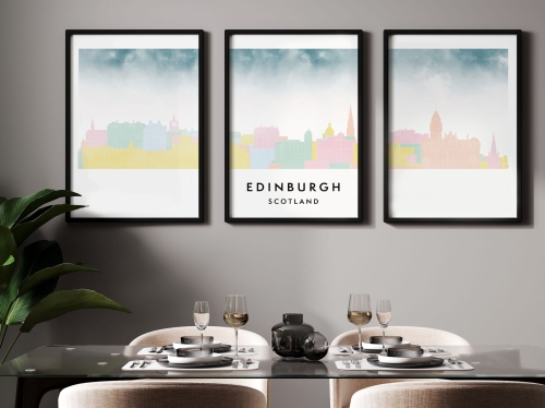 Plakat skylines TRYPTYK Edinburgh Edynburg w stylu Watercolor/ Akwarelowym