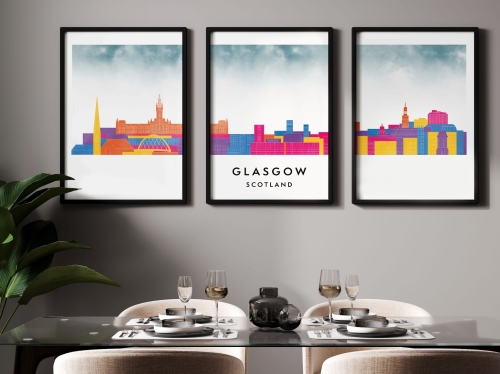 Plakat skylines TRYPTYK Glasgow w stylu Watercolor/ Akwarelowym