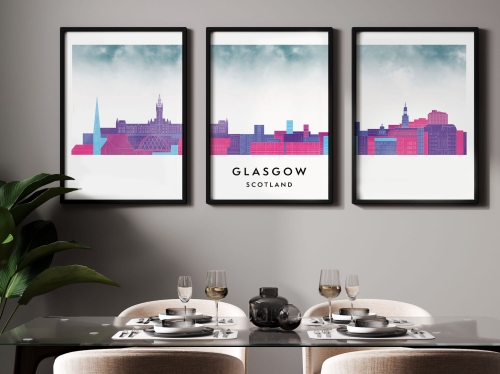 Plakat skylines TRYPTYK Glasgow w stylu Watercolor/ Akwarelowym