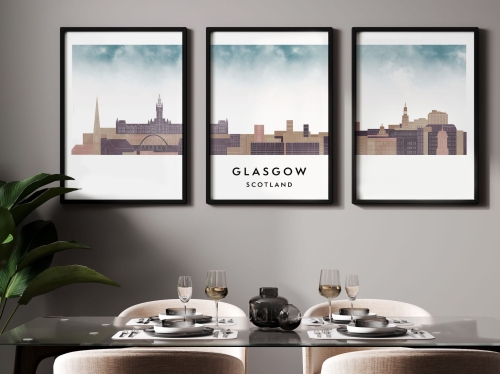 Plakat skylines TRYPTYK Glasgow w stylu Watercolor/ Akwarelowym