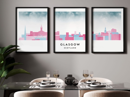 Plakat skylines TRYPTYK Glasgow w stylu Watercolor/ Akwarelowym