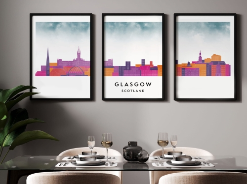 Plakat skylines TRYPTYK Glasgow w stylu Watercolor/ Akwarelowym 