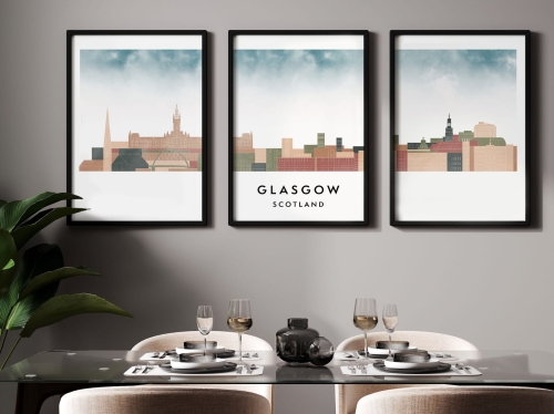 Plakat skylines TRYPTYK Glasgow w stylu Watercolor/ Akwarelowym