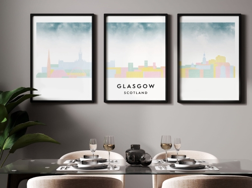 Plakat skylines TRYPTYK Glasgow w stylu Watercolor/ Akwarelowym