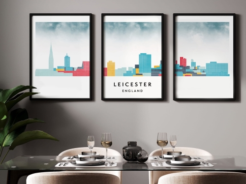 Plakat skylines TRYPTYK Leicester w stylu Watercolor/ Akwarelowym