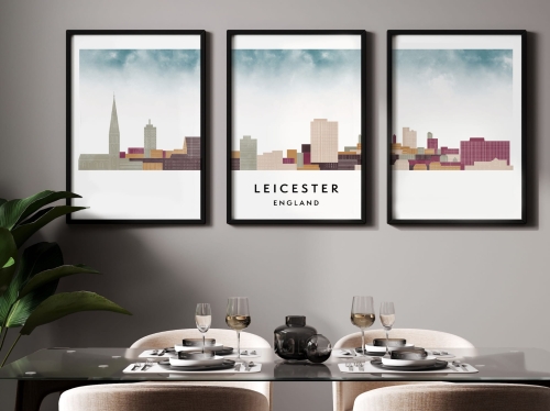 Plakat skylines TRYPTYK Leicester w stylu Watercolor/ Akwarelowym