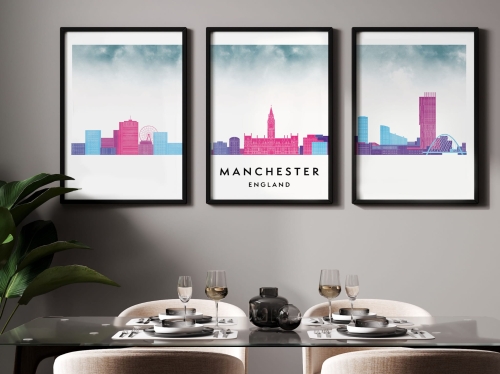 Plakat skylines TRYPTYK Manchester w stylu Watercolor/ Akwarelowym 