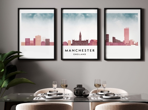 Plakat skylines TRYPTYK Manchester w stylu Watercolor/ Akwarelowym