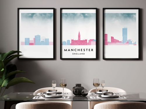 Plakat skylines TRYPTYK Manchester w stylu Watercolor/ Akwarelowym