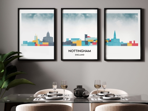 Plakat skylines TRYPTYK Nottingham w stylu Watercolor/ Akwarelowym