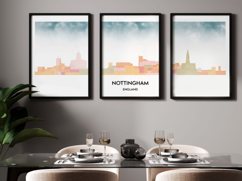 Plakat skylines TRYPTYK Nottingham w stylu Watercolor/ Akwarelowym