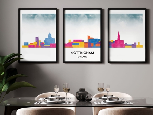 Plakat skylines TRYPTYK Nottingham w stylu Watercolor/ Akwarelowym 