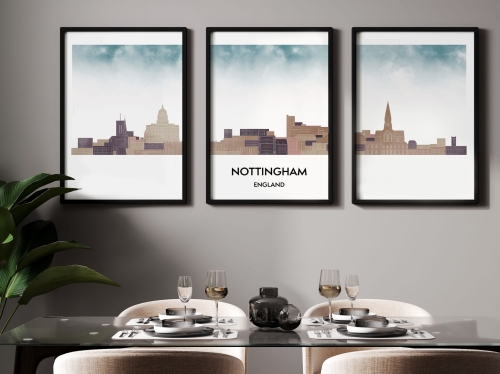 Plakat skylines TRYPTYK Nottingham w stylu Watercolor/ Akwarelowym