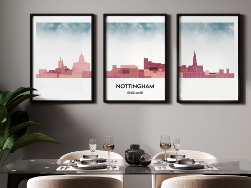Plakat skylines TRYPTYK Nottingham w stylu Watercolor/ Akwarelowym