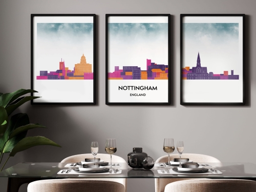 Plakat skylines TRYPTYK Nottingham w stylu Watercolor/ Akwarelowym