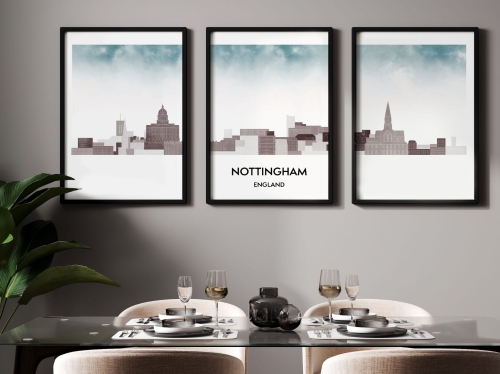 Plakat skylines TRYPTYK Nottingham w stylu Watercolor/ Akwarelowym