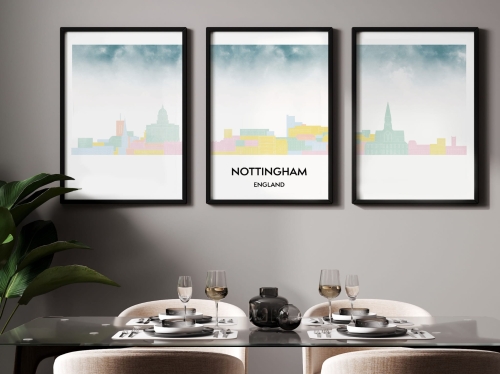 Plakat skylines TRYPTYK Nottingham w stylu Watercolor/ Akwarelowym