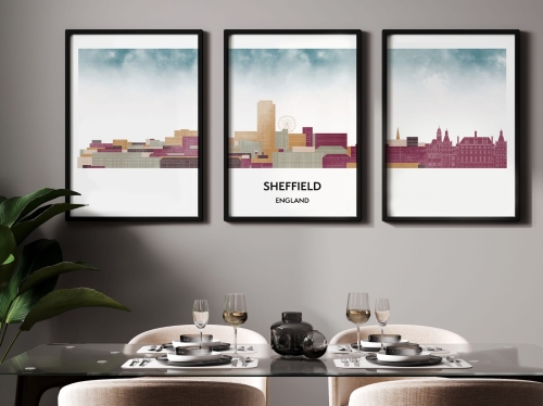 Plakat skylines TRYPTYK Sheffield w stylu Watercolor/ Akwarelowym